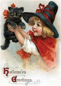 Girl with Black Cat Halloween Greeting Card [With Envelope]