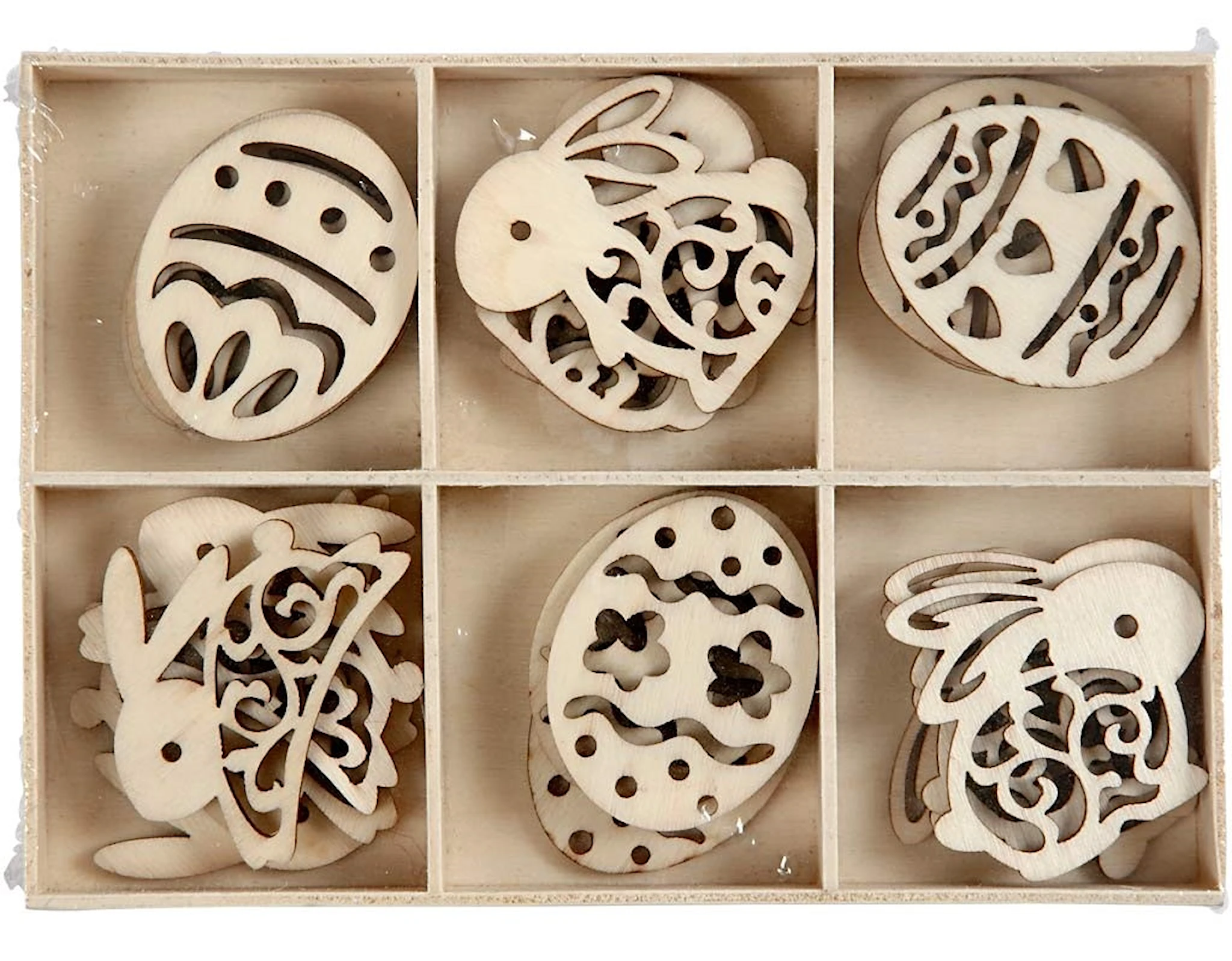 Tuotekuva ille Puukuviot, pääsiäsmunat ja -puput, Kork. 40 mm, paksuus 3 mm, 24 kpl/ 1 pkt