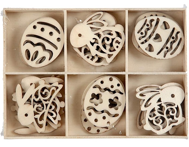 Tuotekuva 1 - Puukuviot, pääsiäsmunat ja -puput, Kork. 40 mm, paksuus 3 mm, 24 kpl/ 1 pkt