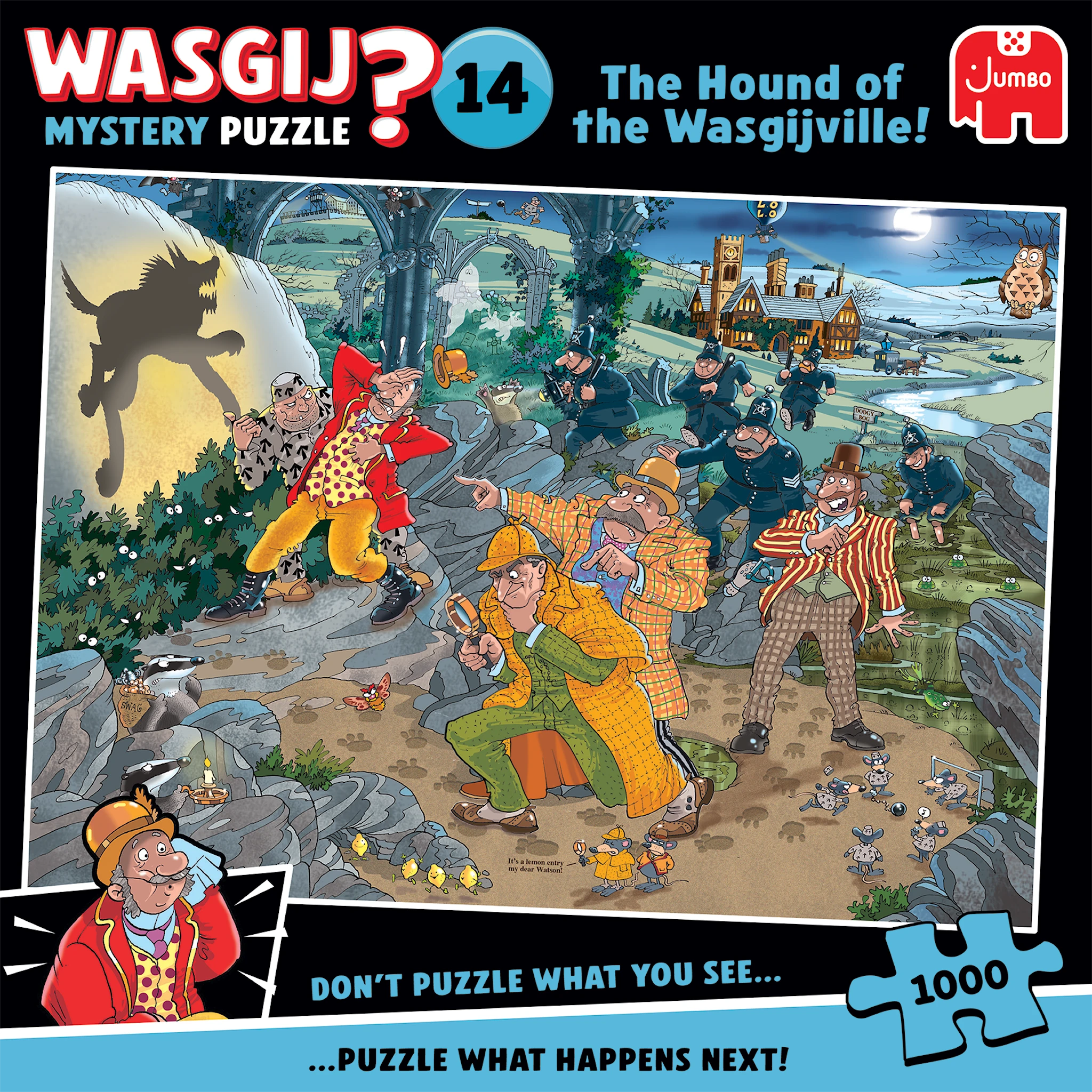 Produktbild för Wasgij Mystery 14 - The Hound Of The Wasgijville! Pussel 1000 bitar