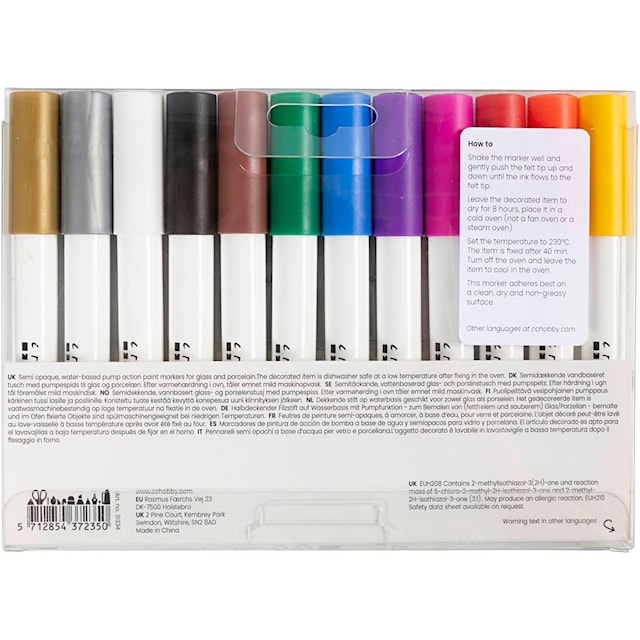 Produktbilde 5 for Glass- og porselenstusj, strek 1-2 mm, semi opaque, ass. farger, 12 stk./ 1 pk.