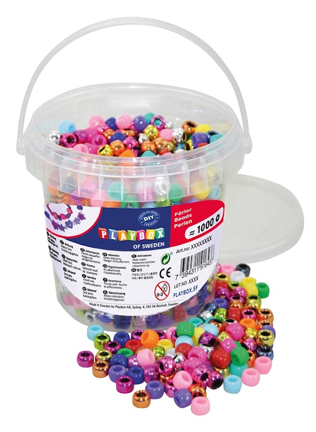 Tuotekuva 1 - Isoreikäiset kongo-muovihelmet ämpärissä n. 1000 kpl Playbox
