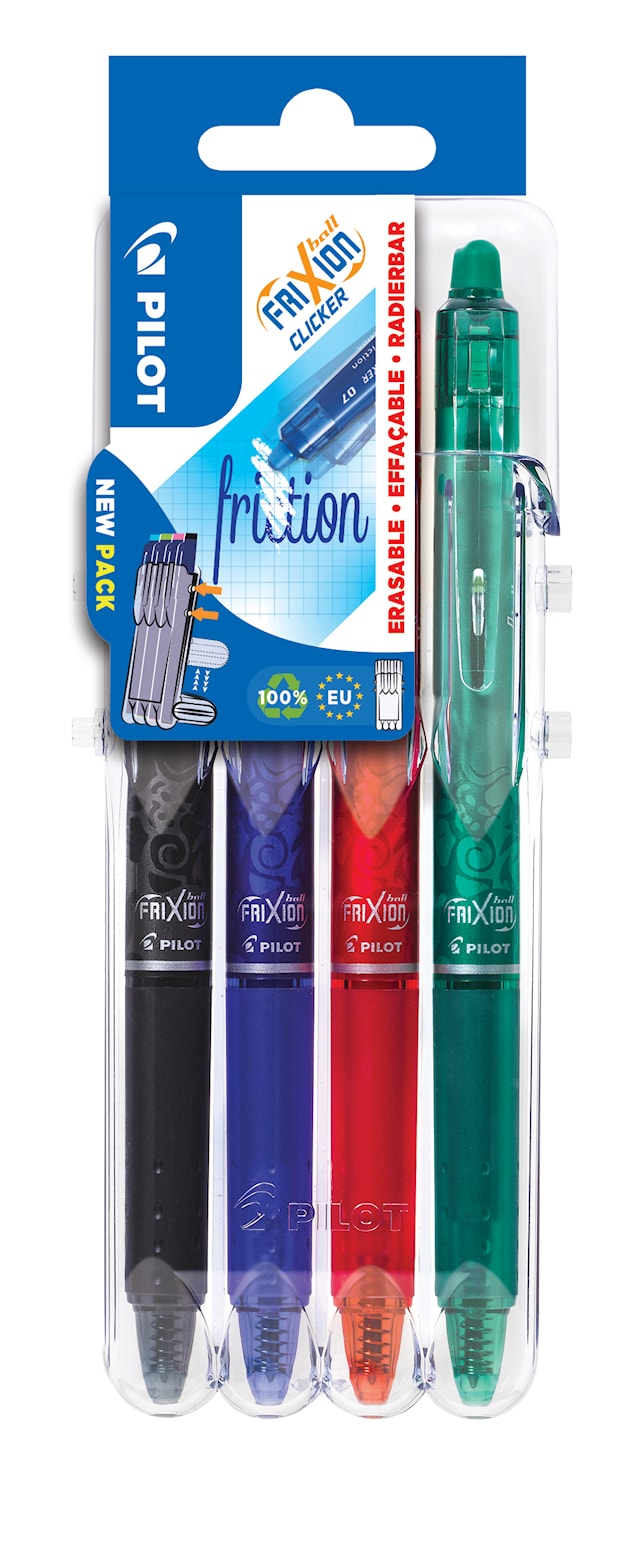 Produktbild 2 för Bläckpenna Frixion Clicker 4-p Svart/Blå/Röd/Grön, Pilot
