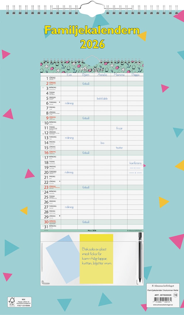 Produktbild 1 för Familjekalender 5 kolumner Helår 2026 Almanacksförlaget