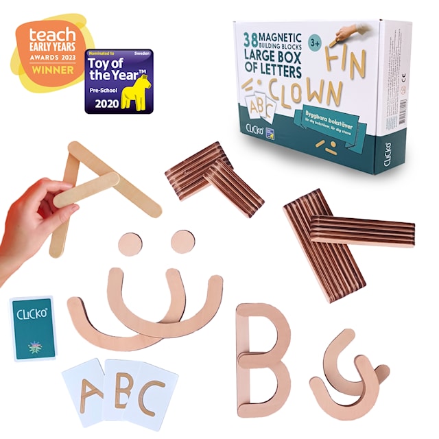 Clicko Magnetbokstäver Byggbox 38 delar, ABC-plansch och tygpåse