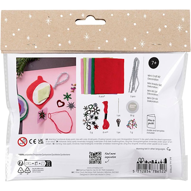 Produktbilde 2 for Mini DIY Kit Dekorasjon, Julepynt av filt, ass. farger, 1 pk.