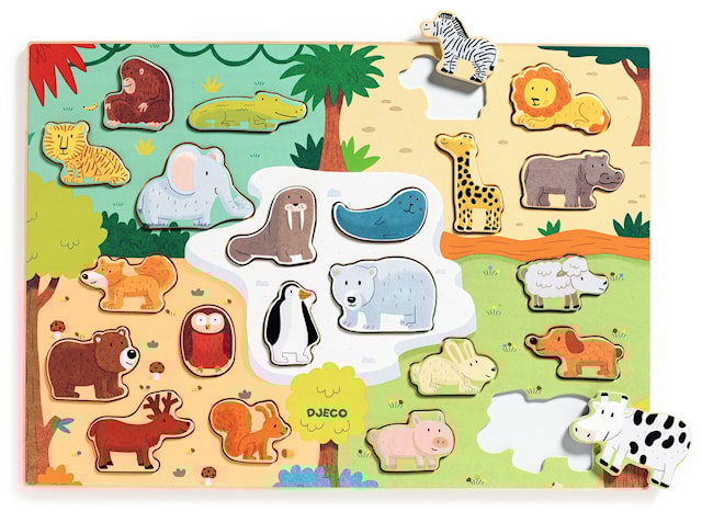 Produktbild 2 för Träpussel på Platta 22 Bitar med Motiv av Olika Djur, Djeco