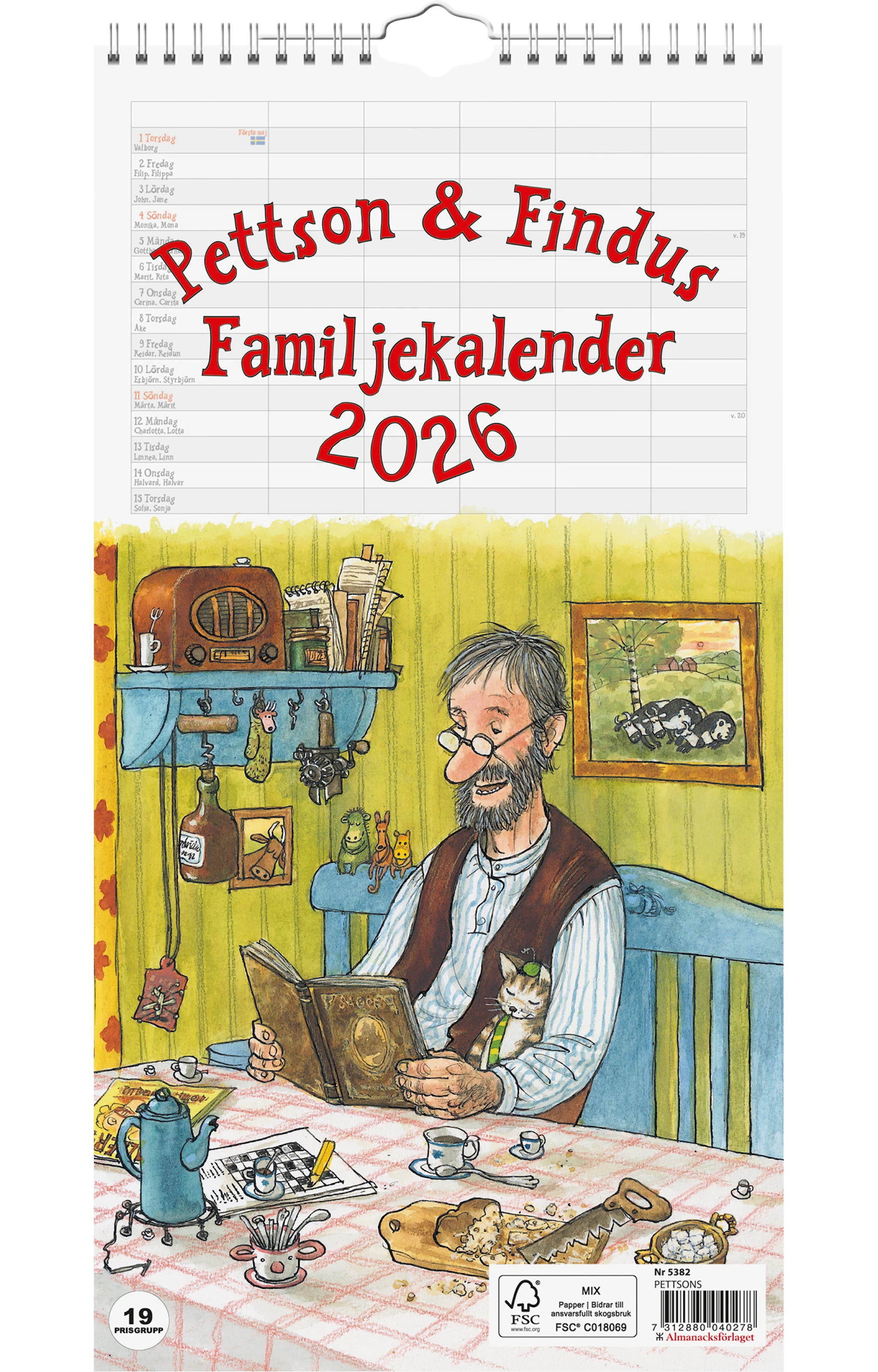 Produktbild för Väggkalender 2026 Pettson och Findus Familjekalender Almanacksförlaget