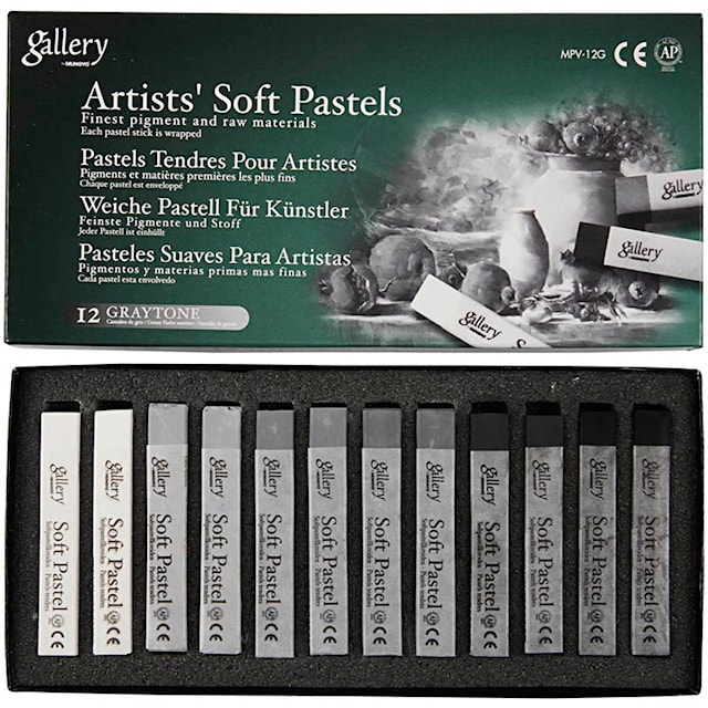 Tuotekuva 1 - Gallery Soft Kuivapastellit, Pit. 6,5 cm, paksuus 10 mm, musta/valkosävyt, 12 kpl/ 1 pkt