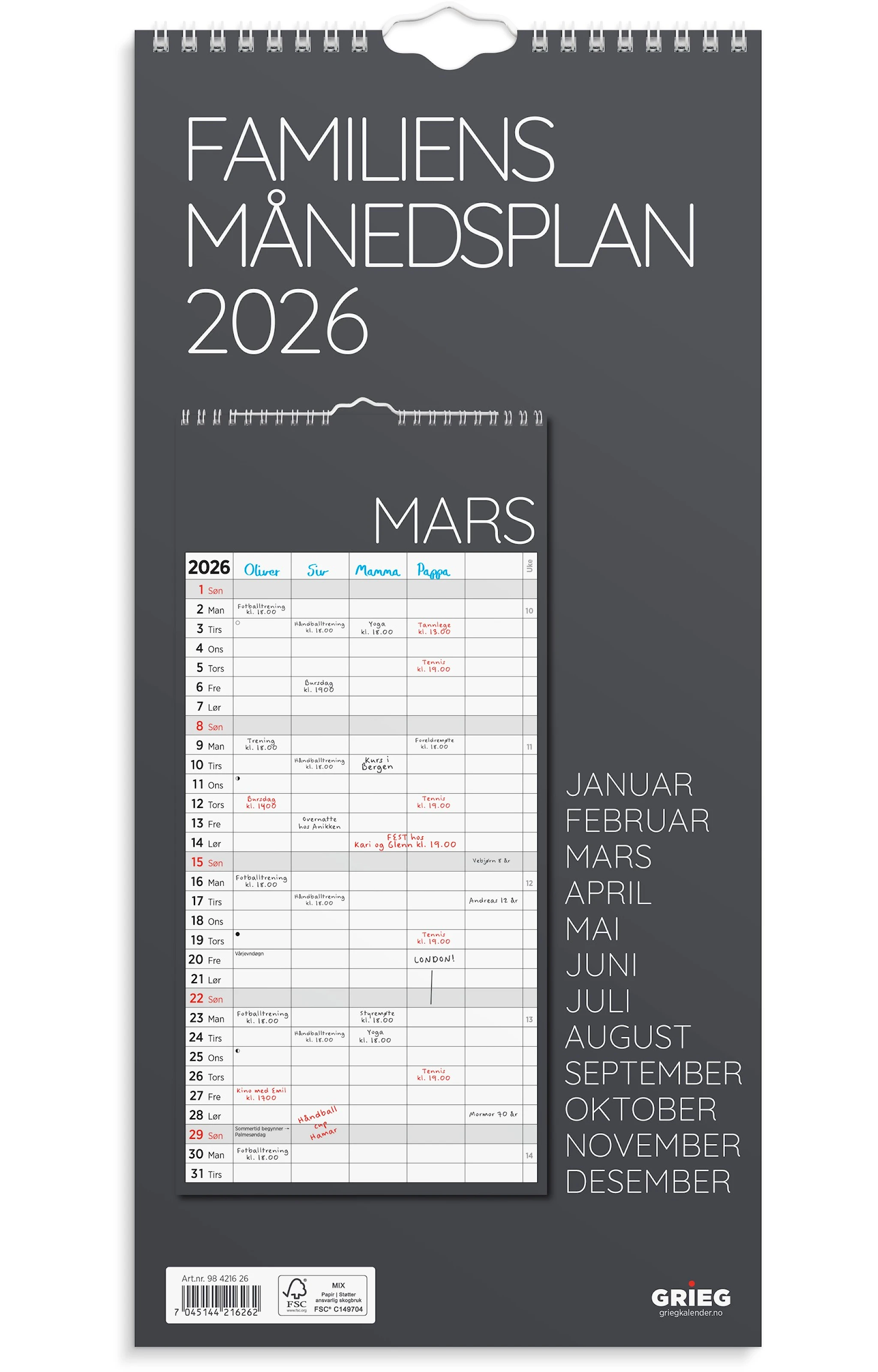 Produktbilde for Familiens Månedsplan 2026 200x420 mm Grå GRIEG