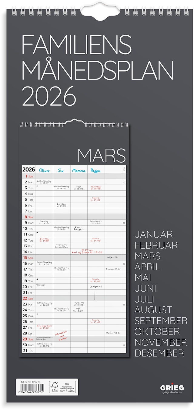 Produktbilde 1 for Familiens Månedsplan 2026 200x420 mm Grå GRIEG