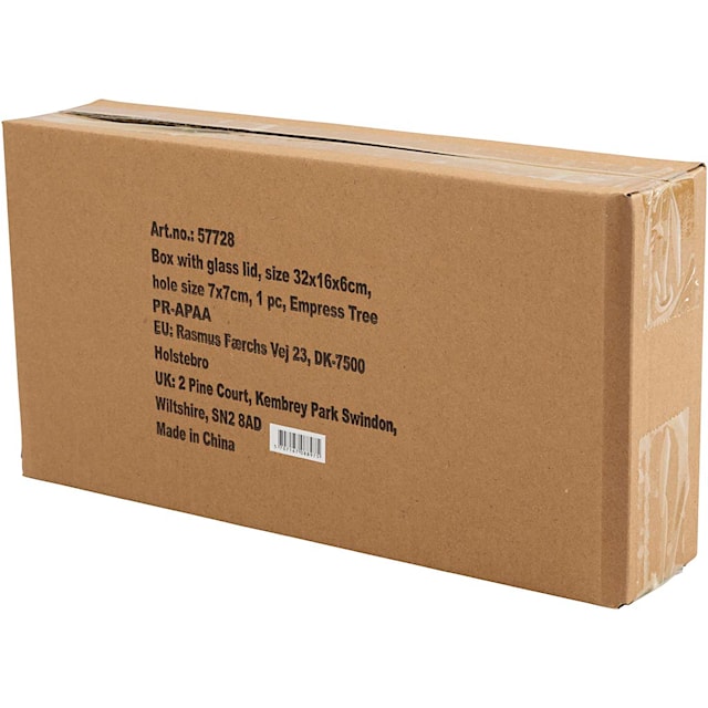 Eske med glasslokk, str. 32x16x6 cm, hullstr. 7x7 cm, 1 stk.