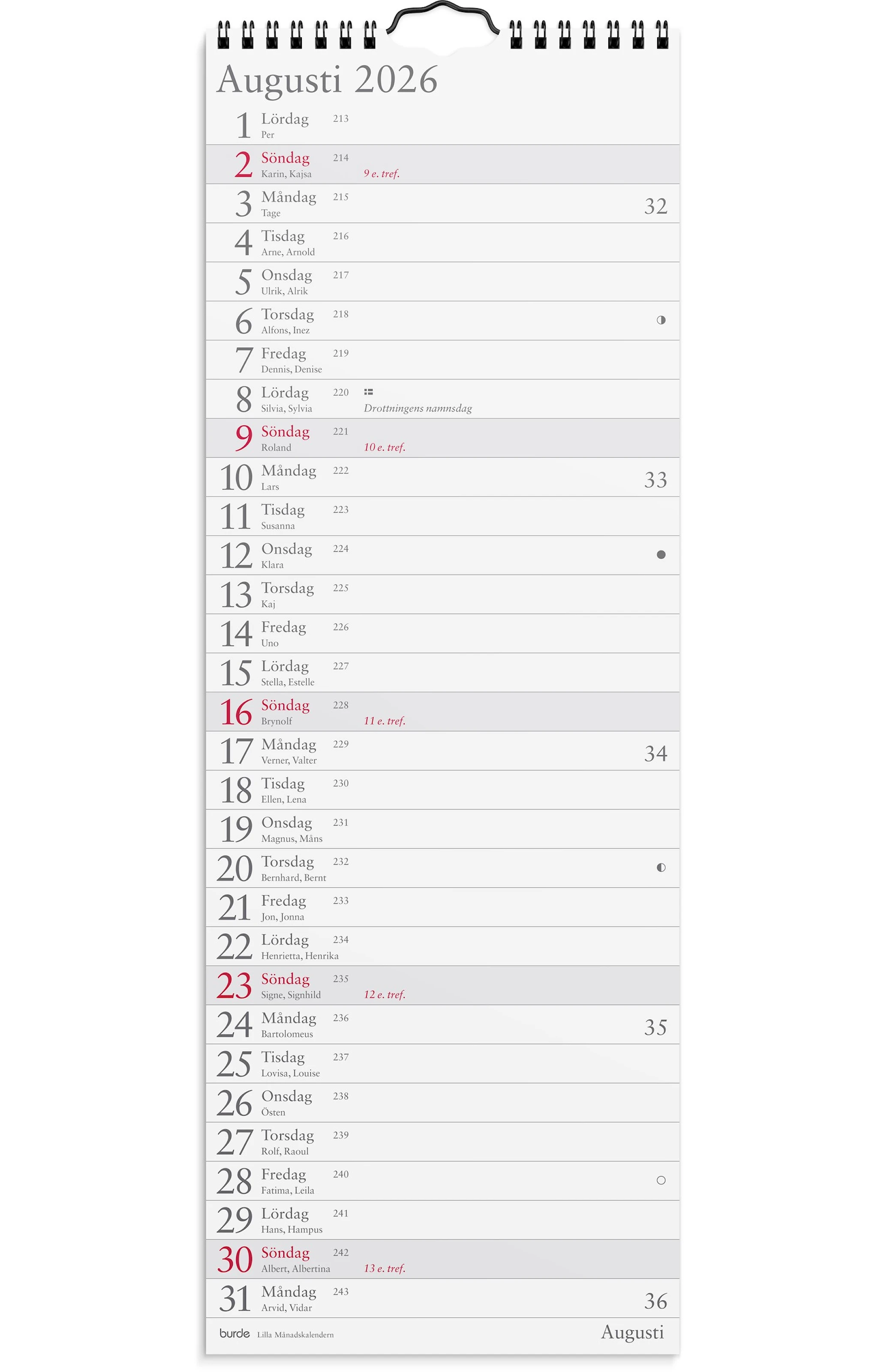 Produktbild för Väggkalender 2026 Lilla Månadskalendern 175x490 mm Burde