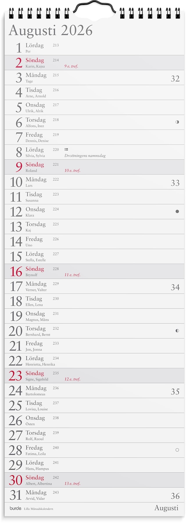 Väggkalender 2026 Lilla Månadskalendern 175x490 mm Burde
