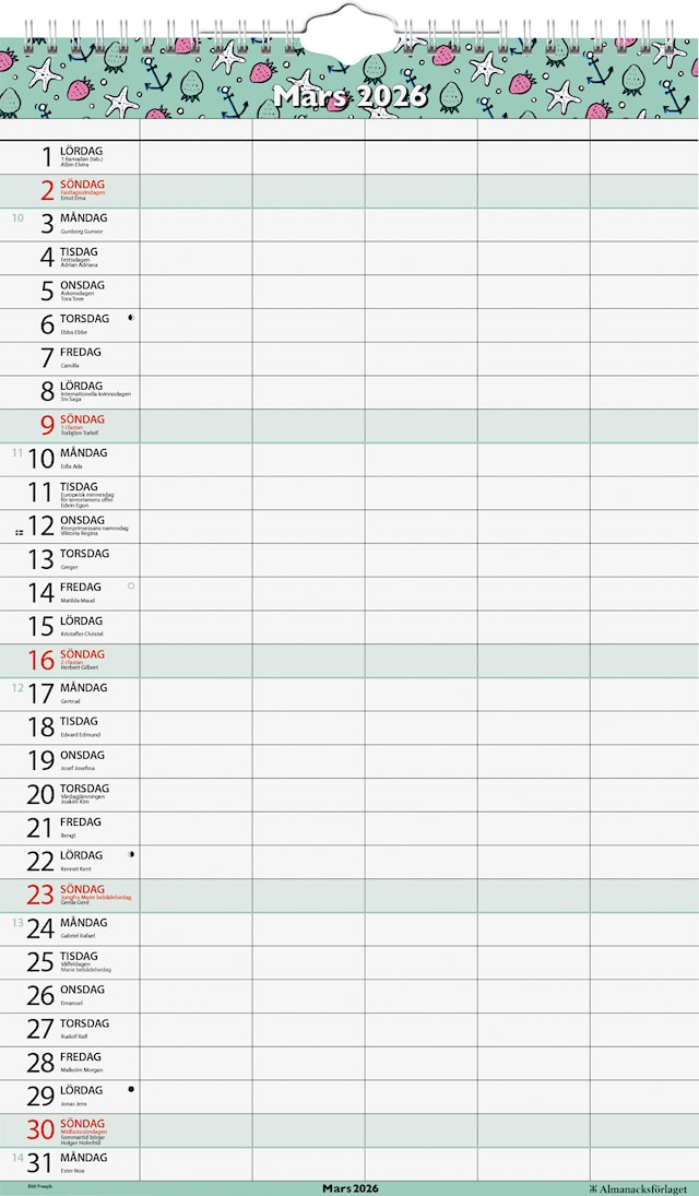 Produktbild 2 för Familjekalender 5 kolumner Helår 2026 Almanacksförlaget