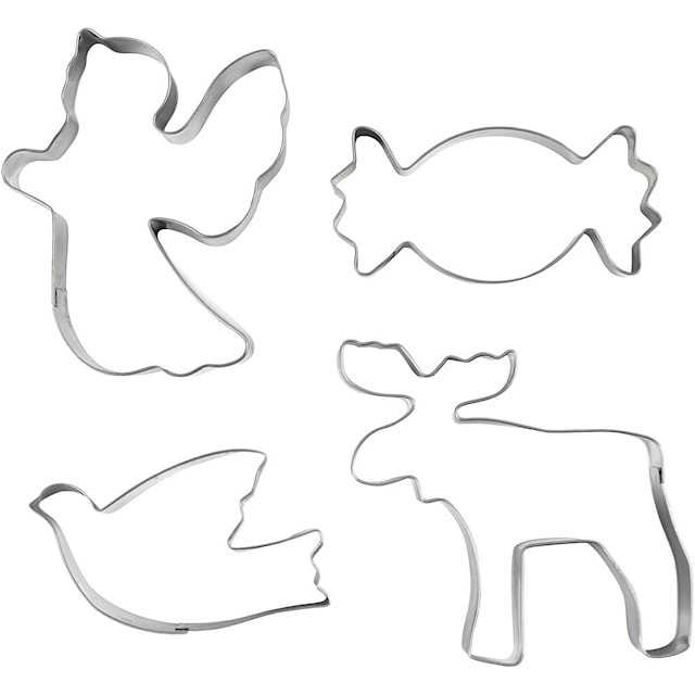 Tuotekuva 1 - Metallimuotit, Enkeli, poro, kyyhky, karkki, Kork. 2 cm, koko 4,5-9 cm, metallihopea, 4 kpl/ 1 pkt