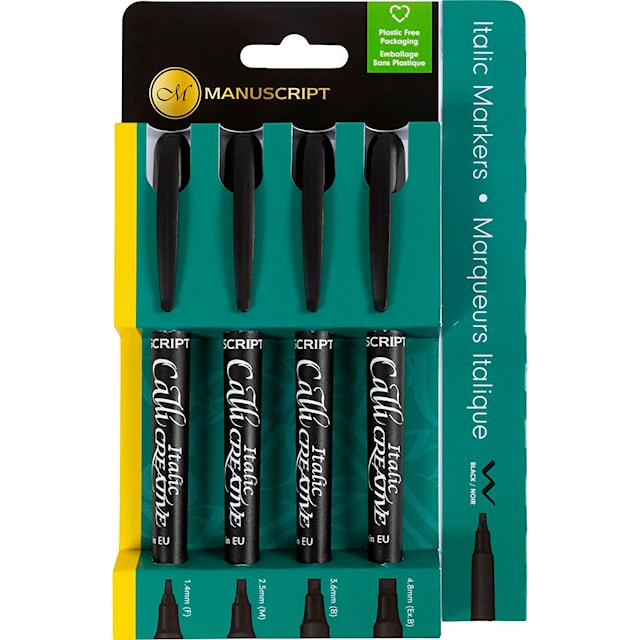 Tuotekuva 2 - Kalligrafiatussit, paksuus 1,4+2,5+3,6+4,8 mm, musta, 4 kpl/ 1 pkt