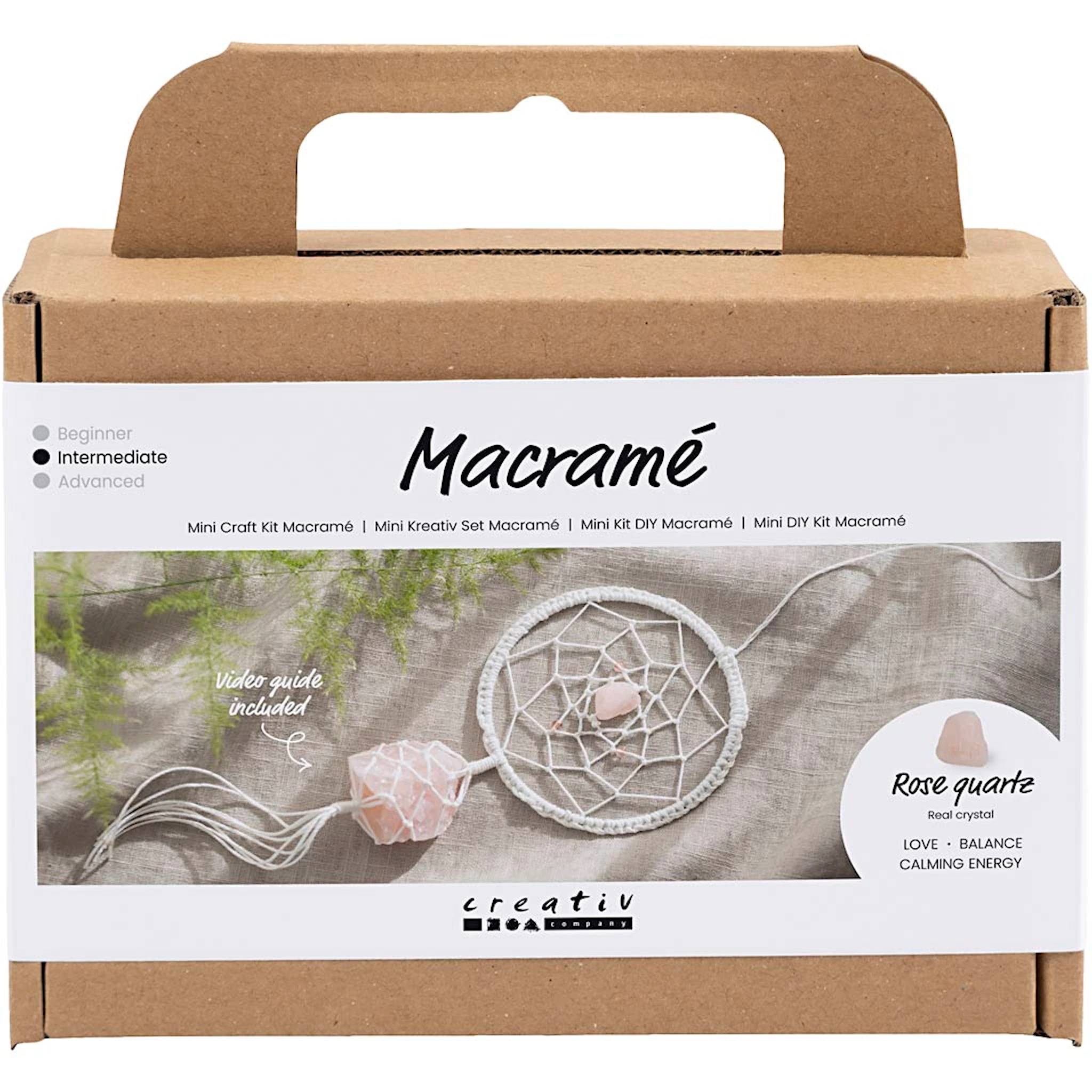 Produktbilde for Mini DIY Kit Makramè, Drømmefanger med krystall av rosenkvarts, lys rosa, hvit, 1 pk.