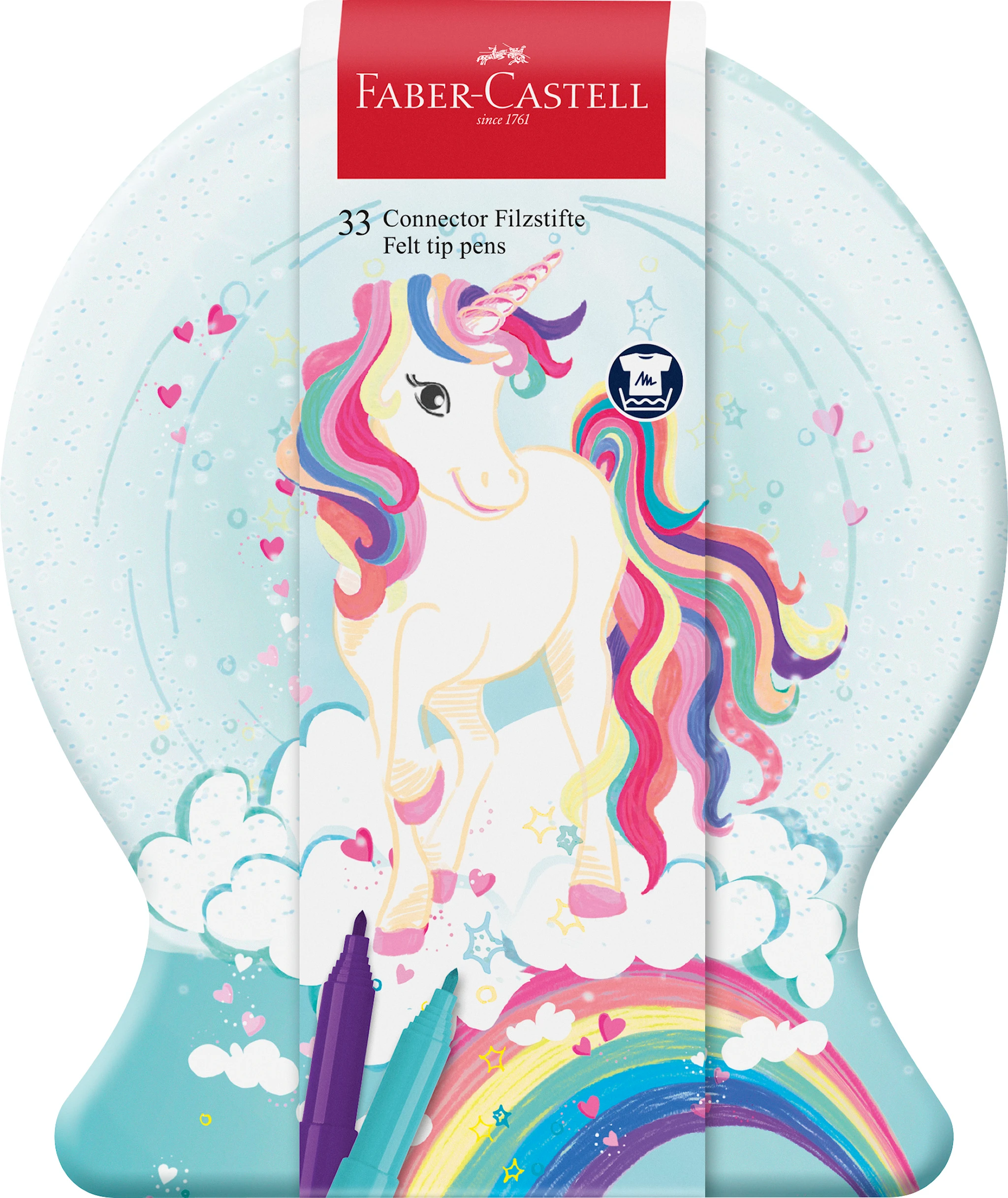 Produktbilde for Tuschpennor Connector Unicorn, plåtask med 33 färger och clips, Faber-Castell