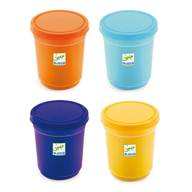 Produktbild 1 för Lera Extramjuk 4 Burkar Gul Ljusblå Lila Orange Djeco