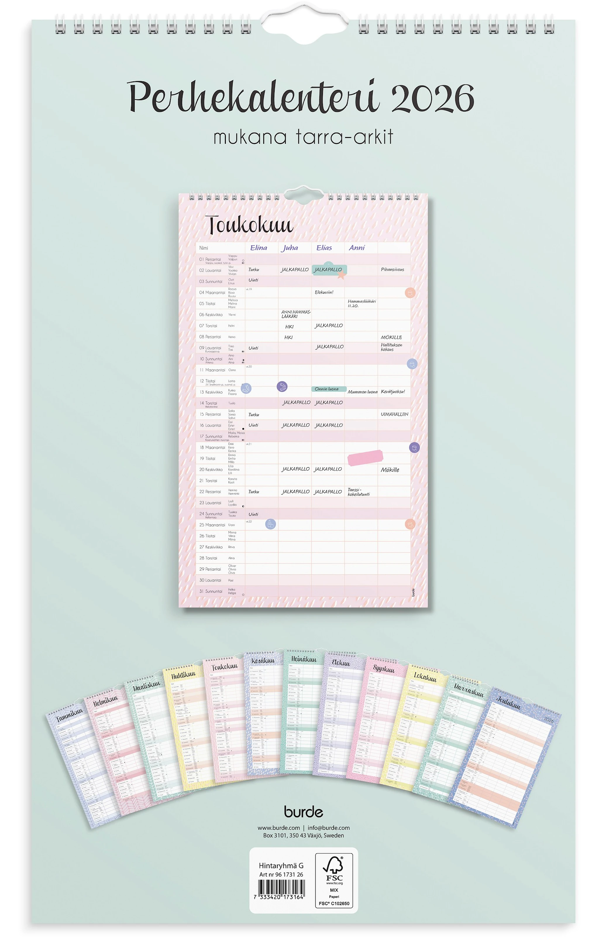 Tuotekuva ille Perhekalenteri 2026 Pastelli 250x420 mm Burde
