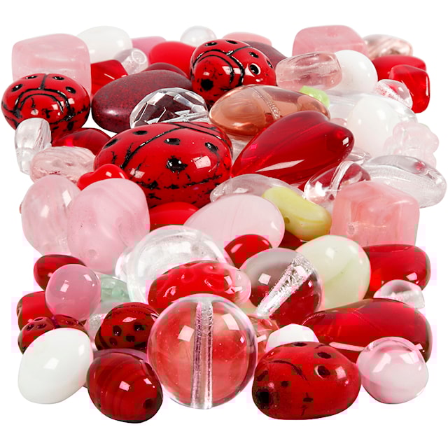 Produktbilde 1 for Glassperler, marihøner, blad, hjerter, str. 5-22 mm, hullstr. 0,5-1,5 mm, ass. farger, 60 g/ 1 pk.