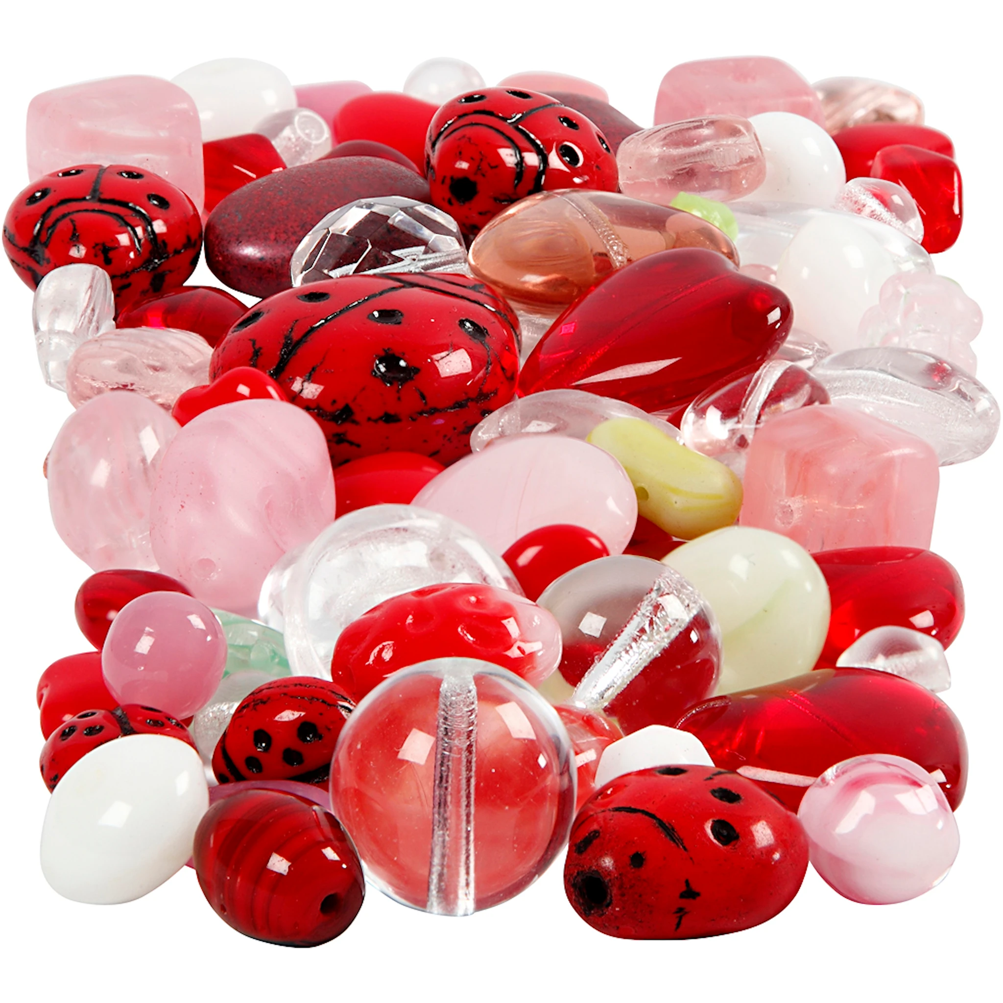 Tuotekuva ille Lasihelmet, Leppäkerttu, lehtiä ja sydämiä, koko 5-22 mm, aukon koko 0,5-1,5 mm, värilajitelma, 60 g/ 1 pkt