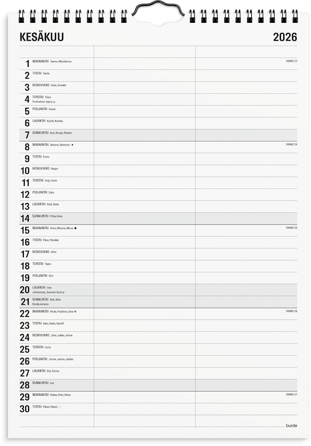 Tuotekuva 2 - Seinäkalenteri 2026 Black and white 2 kolumner A4 Burde