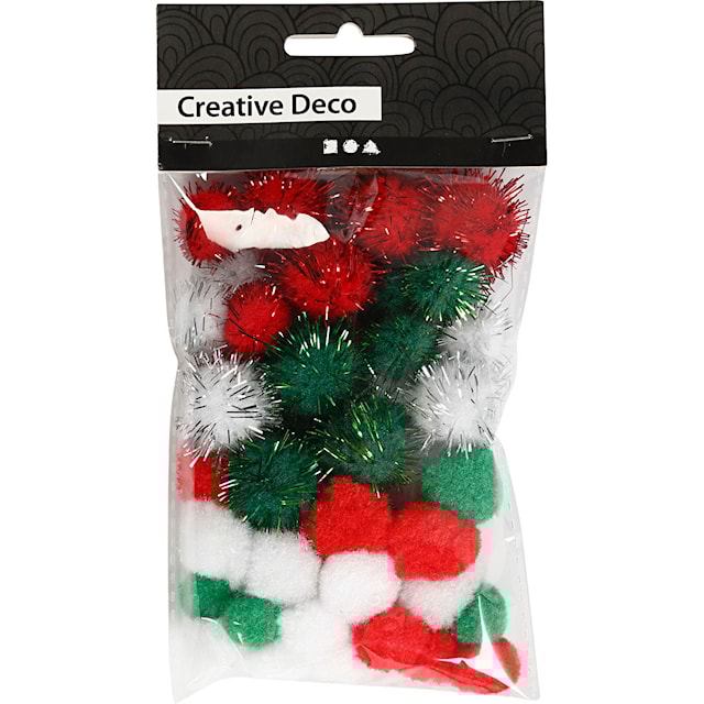 Tuotekuva 2 - Pompomit, halk. 15+20 mm, vihreä, punainen, valkoinen, 48 kpl/ 1 pkt