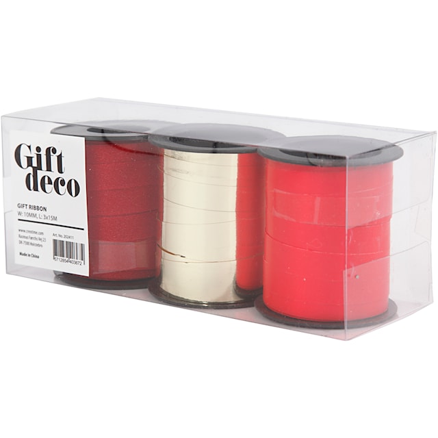 Produktbilde 5 for Gavebånd, B: 10 mm, gull, rød, rød glitter, 3x15 m/ 1 pk.
