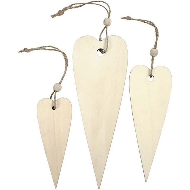 Produktbilde 1 for Treoppheng, avlangt hjerte, H: 12+16+20 cm, tykkelse 5 mm, 3 stk./ 1 pk.