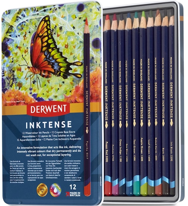 Värikynät Inktense 12-pakkaus metallirasiassa Derwent