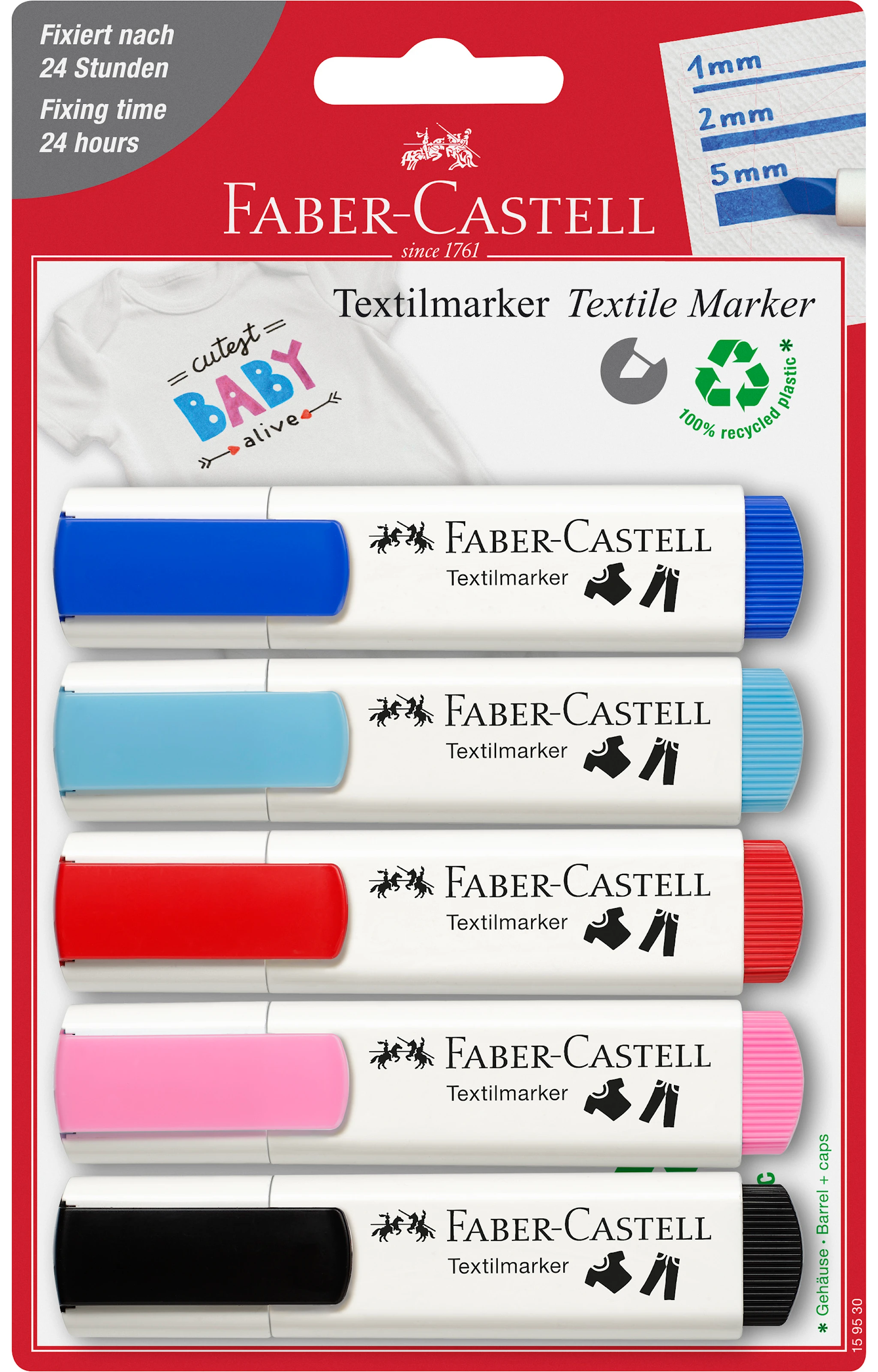 Produktbilde for Tekstiltusjer 3 basisfarger + 1 lyseblå & 1 rosa Faber-Castell