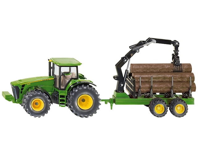 John Deere -traktori kärryn ja tukkien kanssa mittakaavassa 1:50, Siku