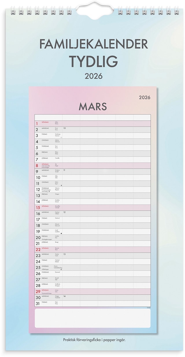 Produktbilde 1 for Familjekalender 2026 Tydlig 220x430 mm Burde
