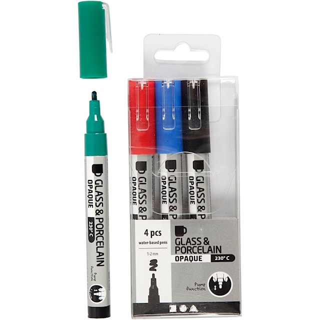 Produktbilde 4 for Glass- og porselenstusj, strek 1-2 mm, semi opaque, svart, blå, grønn, rød, 4 stk./ 1 pk.