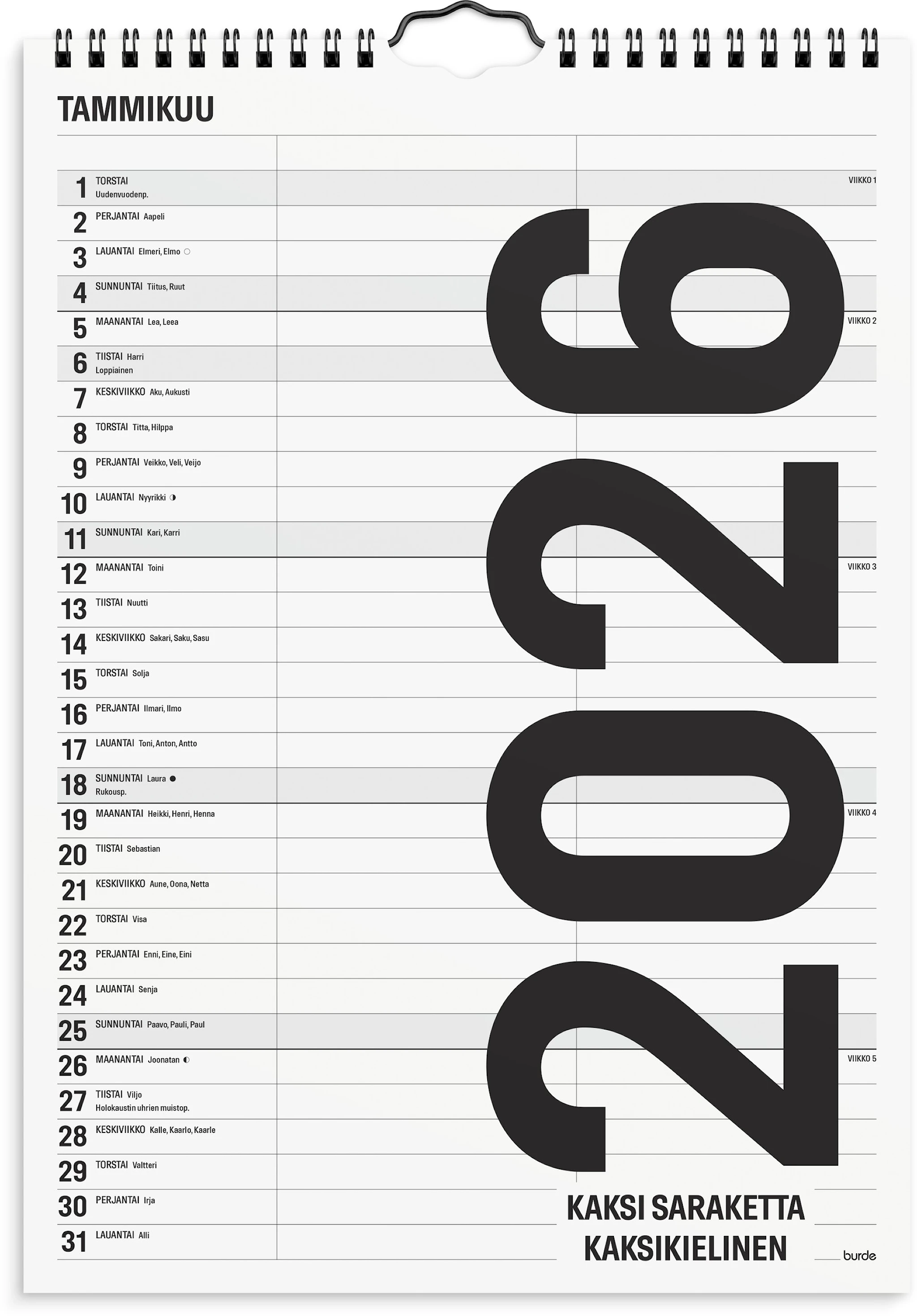 Tuotekuva ille Seinäkalenteri 2026 Black and white 2 kolumner A4 Burde