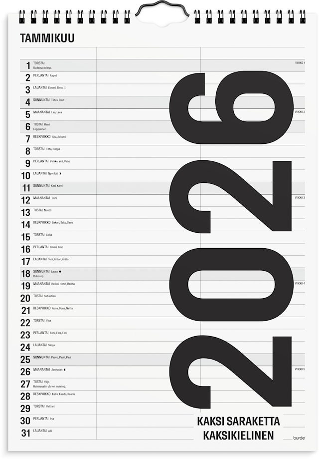 Tuotekuva 1 - Seinäkalenteri 2026 Black and white 2 kolumner A4 Burde