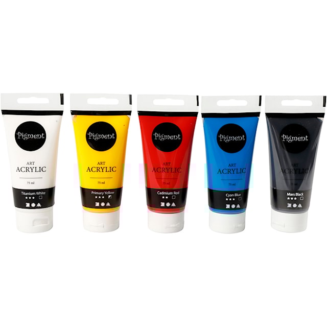 Produktbild 2 för Akrylfärg, grundfärger, halvblank, mixade färger, 5x75 ml/ 1 förp.