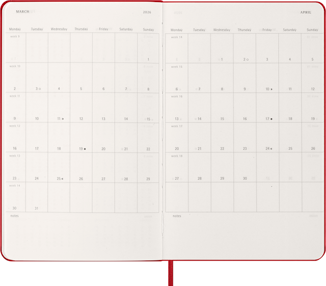 Tuotekuva 3 - Kalenteri 2026 Classic Hard 12M Week Note Large Punainen Moleskine