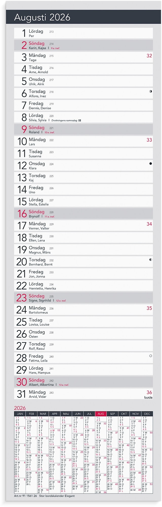 Kalender 2026 Stor Bordskalender Elegant Svart Burde