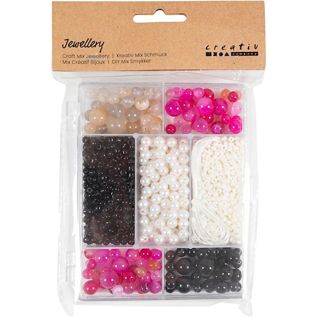 Produktbild 2 för DIY Mix Smycken, Agat, stl. 2,6-10 mm, Hålstl. 0,8-1,8 mm, ca. 2740 st., beige, svart, rosa, vit, pärlemor, 1 förp.