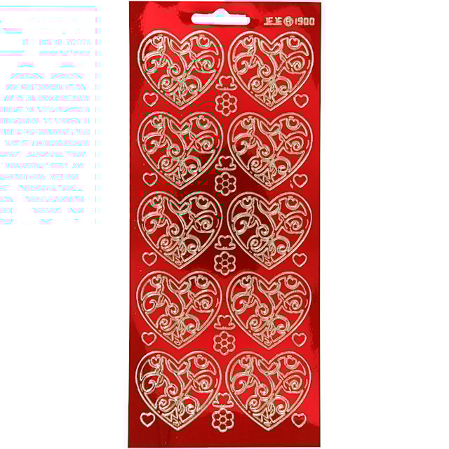 Stickers, hjärtan, ark 10x23 cm, guld, transparent röd, 1 ark