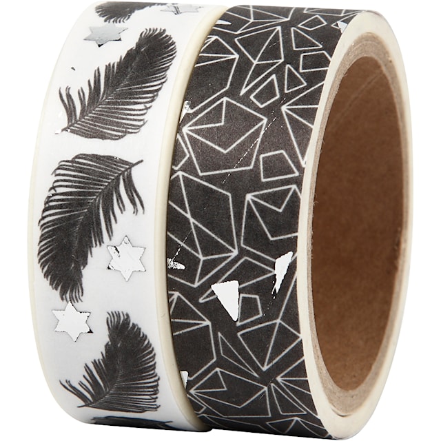 Tuotekuva 1 - Washi-teippi, höyhenet ja kuviot, folio, Lev: 15 mm, 2x4 m/ 1 pkt