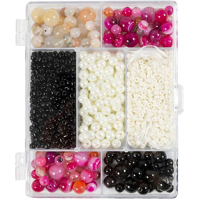 Produktbilde 1 for DIY Mix Smykker, Agater, str. 2,6-10 mm, hullstr. 0,8-1,8 mm, ca. 2740 stk., beige, svart, pink, hvit perlemor, 1 pk.