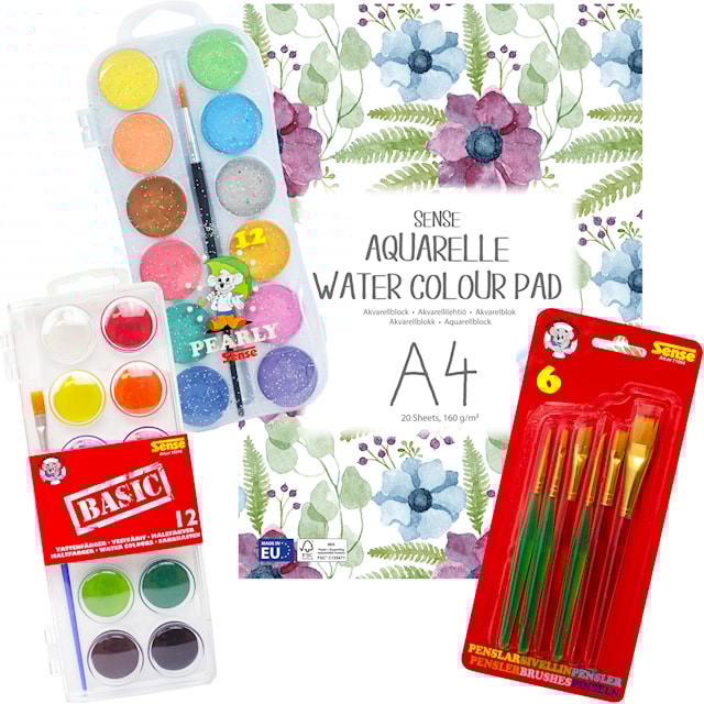 Akvarellsett for barn, Farger, pensler og papir A4, Sense