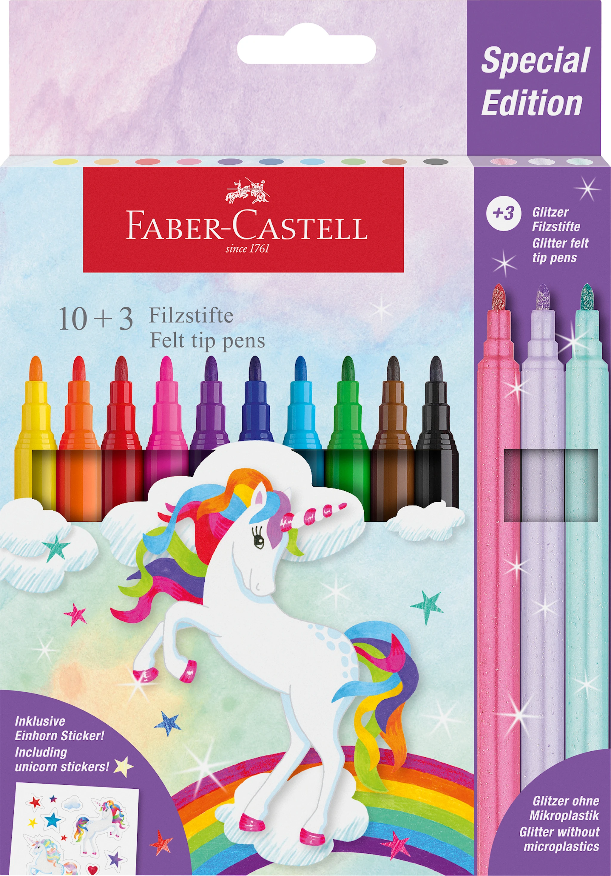 Produktbild för Tuschpenna Castle Unicorn 10+3 st glitterpennor Faber Castell
