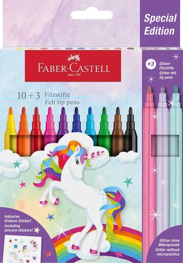 Produktbild 1 för Tuschpenna Castle Unicorn 10+3 st glitterpennor Faber Castell