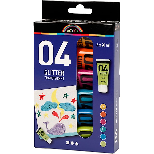 Produktbilde 4 for Akrylmaling med glitter, ass. farger, 6x20 ml/ 1 pk.