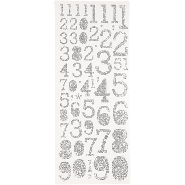 Produktbilde 1 for Glitterstickers, tall, ark 10x24 cm, sølv, 2 ark/ 1 pk.